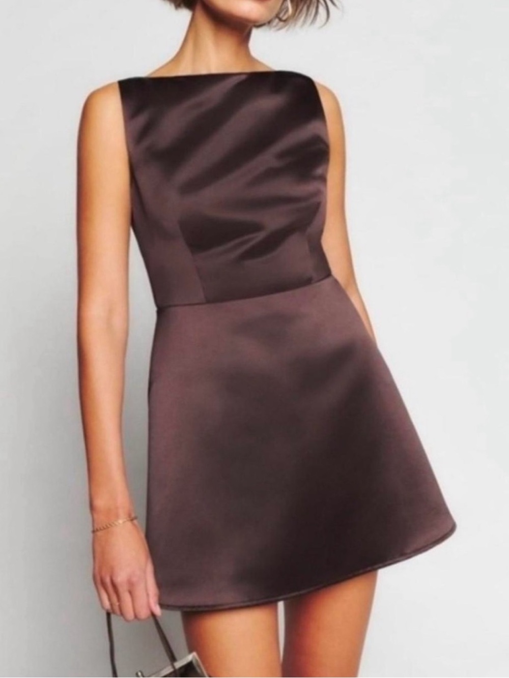Reformation Zenni Satin Mini Dress Cafe Chocolate Brown